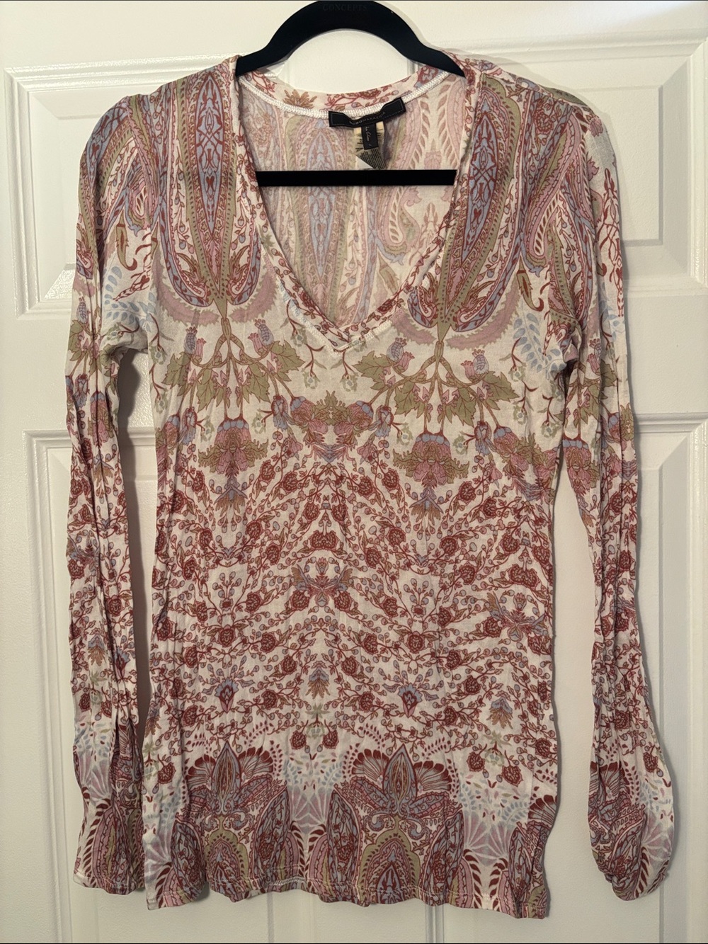 BCBGMaxAzria V-Neck Long Sleeve Paisley Top - White, Rose, Sage, Lavender